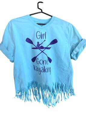 Summer Shirt Upcycled, Cut-Out Back Top, Edgy Fashion, Girl Kayaking Size Large